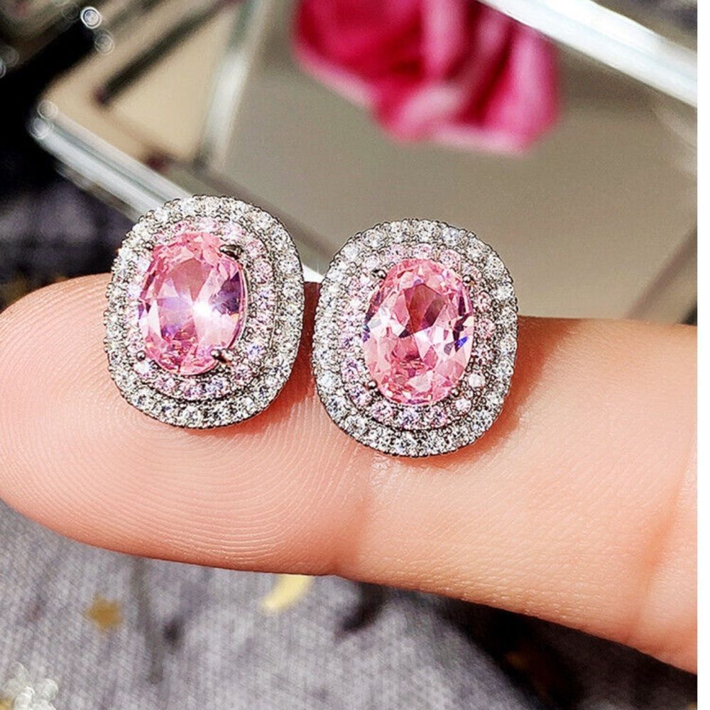Pink Oval CZ Halo Stud Earrings Silver Tone Glam Statement Earrings